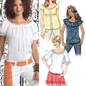 May include: A sewing pattern for a women's blouse with a ruffled neckline and short sleeves. The pattern includes four different views of the blouse, each with a different style of ruffle.