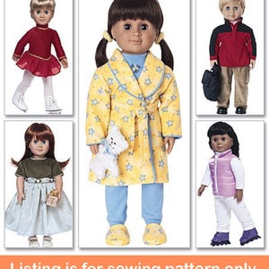 May include: Six dolls in various outfits are displayed. One doll wears a red skating dress, another a yellow robe with star patterns, and another a pink vest. The text at the bottom says "Listing is for sewing pattern only."