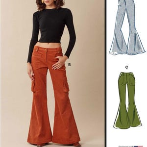 May include: A woman in a black top and rust-coloured flared cargo trousers. The image also shows illustrations of flared trousers in blue and green. Text on the image reads "Listing is for sewing pattern only."