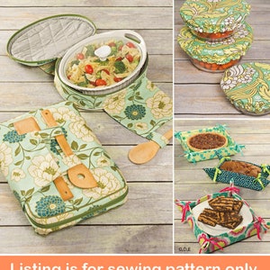 May include: Sewing pattern for making a set of fabric containers for food storage. The containers are made of green fabric with a floral pattern and have a zipper closure. The pattern includes instructions for making a casserole carrier, a pie carrier, and a loaf carrier.