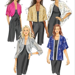 May include: Sewing pattern for five different styles of cropped jackets or shrugs. The pattern includes a pink, a silver, a gold, a blue and white, and a white and floral print jacket.