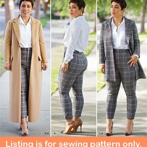May include: A woman in a tan overcoat, white shirt, and grey plaid trousers. The image presents three views of the outfit. The text at the bottom of the image reads "Listing is for sewing pattern only."