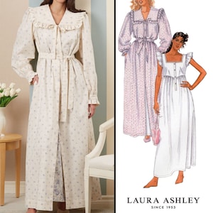 May include: Vintage 80's Laura Ashley sewing pattern for a long, white nightgown with a ruffled collar and a sash. The pattern includes additional size options and cutting layouts.