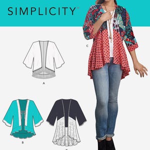Può includere: Modello di cucito Simplicity con una donna che indossa una giacca fantasia. L'immagine include illustrazioni di diversi stili di giacca, informazioni sulle taglie e il testo "Listing is for sewing pattern only."