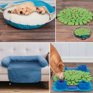 Op de afbeelding: Naai-patroon voor vier verschillende hondenbedontwerpen. De ontwerpen omvatten een rond bed met een blauwe hoes en een witte fleece voering, een rechthoekig bed met een blauwe hoes en armleuningen, een rond groen en blauw interactief hondenspeelgoed en een vierkant groen en blauw interactief hondenspeelgoed.