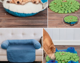 May include: A sewing pattern for four pet products: a blue and white hooded pet bed, a blue sofa protector, a round green fabric foraging mat, and a rectangular blue and green fabric puzzle mat with the text Listing is for sewing pattern only.