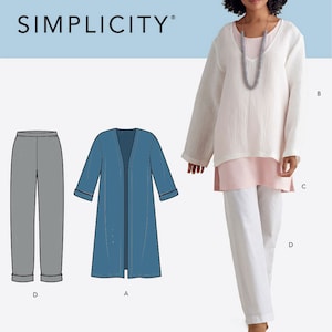 Op de afbeelding: Simplicity naaipatroon voor een lange, open cardigan, een broek en een tuniek. Het patroon wordt getoond op een model dat de tuniek en de broek draagt. Het patroon is voor maten 12-20.