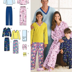 May include: Sewing pattern for pajamas for the whole family. The pattern includes a long-sleeved top and pants for adults and children. The pattern includes a variety of designs, including floral, dinosaur, and geometric patterns.