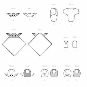May include: A set of baby items featuring a character from the Star Wars franchise. The set includes a hooded towel, a swaddle blanket, a bib, and a hat. The character is a small, green creature with large ears and big eyes. The items are all white with black outlines and the character's image.