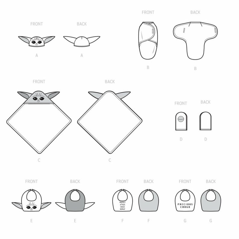 May include: A set of baby items featuring a character from the Star Wars franchise. The set includes a hooded towel, a swaddle blanket, a bib, and a hat. The character is a small, green creature with large ears and big eyes. The items are all white with black outlines and the character's image.