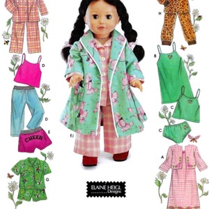 May include: Sewing pattern for doll clothes. The pattern includes a variety of outfits, including pyjamas, a dressing gown, a dress, and underwear. The pattern is designed for 18-inch dolls.