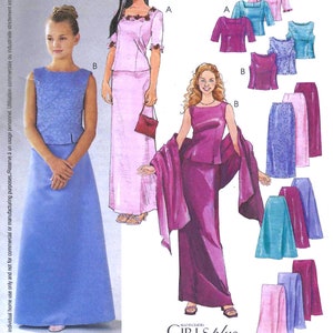 May include: Sewing pattern for a girls' dress with a sleeveless bodice and a long skirt. The pattern includes a variety of skirt and bodice options, including a pink skirt with a purple bodice, a blue skirt with a blue bodice, and a teal skirt with a pink bodice. The pattern also includes a shawl.