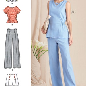 Puede incluir: Un patrón de costura para una blusa y pantalones. La blusa es sin mangas y tiene una cintura fruncida. Los pantalones son de pierna ancha y tienen una cintura alta. El patrón está disponible en dos colores: azul y gris.