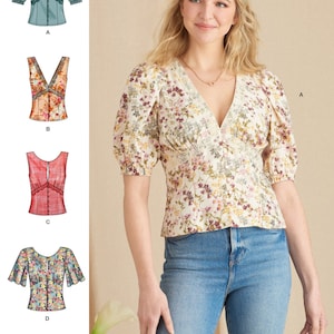 May include: A sewing pattern for a women's blouse with a variety of neckline and sleeve options. The pattern includes four different styles: a short-sleeved blouse with a V-neck, a sleeveless blouse with a V-neck, a sleeveless blouse with a round neck, and a short-sleeved blouse with a round neck. The pattern is designed and printed in the USA.