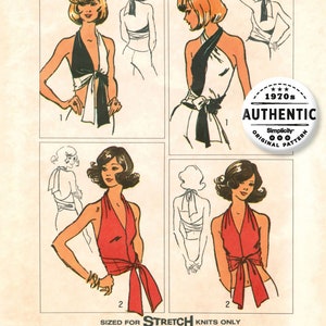 May include: Vintage 1970s Simplicity sewing pattern for a wrap-and-tie halter top. The pattern is for stretch knits only and includes instructions for making the top in three different colors: black, white, and red.