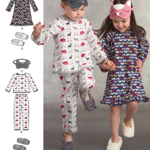Puede incluir: Patrón de costura para pijamas de niños con estampado de animales del bosque y estampado floral. El patrón incluye una máscara para dormir y zapatillas.