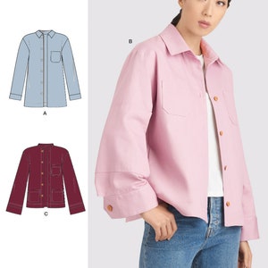 May include: A sewing pattern for a shirt with three different variations. The pattern includes a light blue shirt, a pink shirt, and a burgundy shirt. The pattern is for a loose-fitting shirt with a collar and long sleeves.