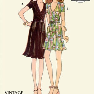 May include: Vintage sewing pattern from the 1970s for two wrap dresses. One dress is black and the other is a colourful print with ice cream cones. The pattern includes additional size options and cutting layouts. The pattern is labelled "Vintage Pattern Reproduction Authentic".