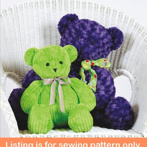 May include: A sewing pattern for two plush teddy bears. One bear is green and the other is purple. Both bears are sitting on a white wicker chair.