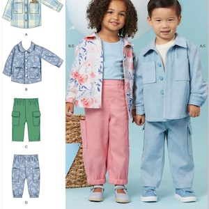 May include: Image of a sewing pattern for children's clothing. The pattern includes options for jackets and pants. The image shows a girl and boy wearing the finished garments. The text "easy-to-sew" is at the top. The bottom text reads "Listing is for sewing pattern only."