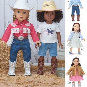 Puede incluir: Un patrón de costura para hacer ropa para muñecas de 46 cm. El patrón incluye instrucciones para hacer una variedad de atuendos, incluyendo una camisa de vaquero y jeans, una camiseta y pantalones cortos, un vestido y una chaqueta. El patrón está ilustrado con fotos de muñecas con la ropa terminada.