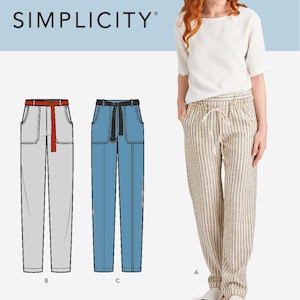 May include: A sewing pattern for pants with three different styles: a pair of white pants with a red belt, a pair of blue jeans with a black belt, and a pair of striped pants with a drawstring. The pattern is for sizes US 6-14, Euro 32-40, and French 34-42. The pattern is from Simplicity.