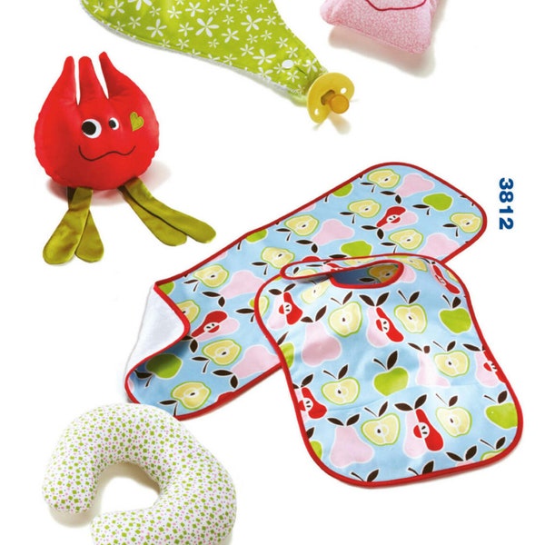 BABY SEWING PATTERN | Sew Infant Newborn Accessories | Pacifier Bib Burp Cloth Soft Toy Travel Neck Pillow Naptime Door Sign Hanger | 3812