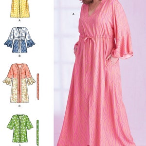 May include: Sewing pattern for a long, flowing robe with a V-neckline, tie waist, and long sleeves. The pattern includes four different fabric options: yellow floral, blue floral, pink floral, and green floral.