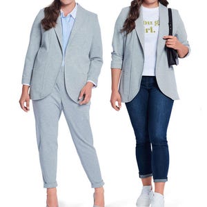 May include: Two women modeling a light gray blazer. One is wearing a matching gray pantsuit, the other is wearing dark blue jeans and a white t-shirt with the text "Ou g irl.". The image is for a sewing pattern.