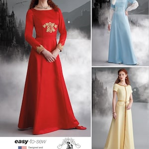 May include: Sewing pattern for three different styles of long dresses. The dresses are red, light blue, and yellow. The pattern is designed and printed in the USA.