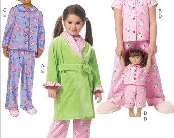 PAJAMAS SEWING PATTERN | Make Matching Girls 18 Inch Doll Clothes | Kids Clothing Bathrobe | Child Size 2 3 4 5 | Fits American Girl 6123