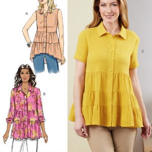 May include: Image of a sewing pattern featuring three tiered-hem blouses. One is a sleeveless orange gingham, another is a pink floral print, and the third is a short-sleeved yellow blouse. The text at the bottom reads: Listing is for sewing pattern only.