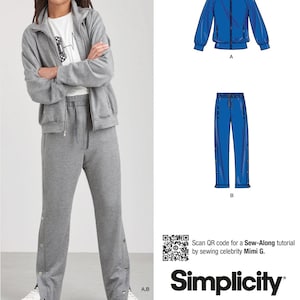 May include: Sewing pattern for a tracksuit with a blue jacket and matching pants. The pattern includes a QR code for a Sew-Along tutorial by sewing celebrity Mimi G. Simplicity.