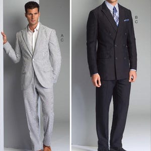 Puede incluir: Dos patrones de traje para hombre. El patrón de la izquierda es un traje azul claro a rayas. El patrón de la derecha es un traje azul oscuro de doble botonadura.