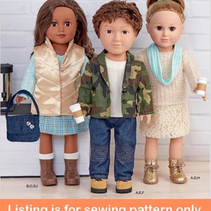 Puede incluir: Patrón de costura para hacer ropa de muñecas. El patrón incluye instrucciones para hacer un chaleco, una chaqueta, unos vaqueros, una falda y unas botas para muñecas de 45 cm. Las muñecas no están incluidas.
