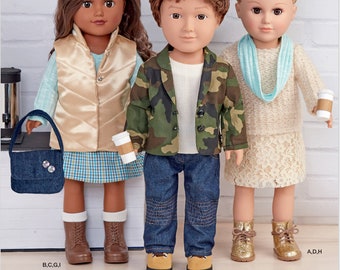 May include: Sewing pattern for making doll clothes. The pattern includes instructions for making a vest, jacket, jeans, skirt, and boots for 18-inch dolls. The dolls are not included.