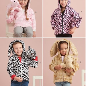 Puede incluir: Patrón de costura para una chaqueta con capucha y orejas de animal. El patrón incluye cuatro variaciones: rosa con estampado de leopardo, rosa con purpurina, estampado de dálmata en blanco y negro y piel sintética marrón. Cada chaqueta tiene una cremallera y una capucha con orejas de animal.