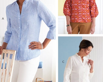 May include: A sewing pattern for a button-up blouse with a mandarin collar and three different sleeve styles. The pattern includes three variations: a striped blue and white blouse, a red and orange patterned blouse, and a white blouse with lace trim.