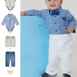 Puede incluir: Patrón de costura para un conjunto de bebé que incluye camisa a cuadros, pajarita, pantalones cortos y pantalones. La imagen muestra a un bebé con el conjunto. El texto "easy-to-sew" está en la parte superior.