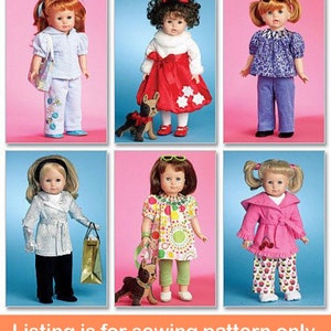 May include: Six dolls in various outfits are displayed against pink and blue backgrounds. The dolls wear dresses, pants, and jackets in different colors and patterns. Each doll has a unique hairstyle. The text at the bottom reads: Listing is for sewing pattern only.