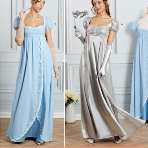 Könnte beinhalten: Zwei Frauen präsentieren Kleider im Regency-Stil. Eine trägt ein hellblaues Kleid mit floralen Akzenten und durchsichtigen Handschuhen. Die andere trägt ein silbernes Metallic-Kleid und lange Handschuhe und hält eine dekorative Maske. Der Text unten lautet: Listing is for sewing pattern only.