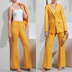 Puede incluir: Dos imágenes de una mujer modelando un traje amarillo brillante. El traje incluye una blazer y pantalones acampanados. La mujer también lleva un top blanco. El texto en la parte inferior de la imagen dice: "Listing is for sewing pattern only."