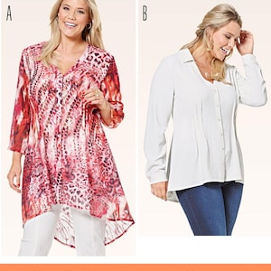 May include: Two blouses are shown. One is a red and white patterned tunic with a V-neck and three-quarter sleeves. The other is a white button-down shirt with long sleeves. The text at the bottom says "Listing is for sewing pattern only."