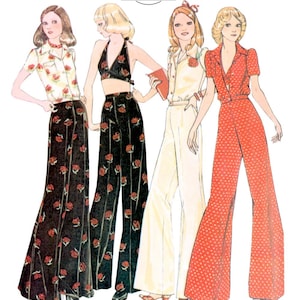 May include: A vintage 70's sewing pattern with four fashion illustrations. The designs include a halter top and trousers set, a jumpsuit, and a shirt and trousers set. The image text reads "Listing is for sewing pattern only."