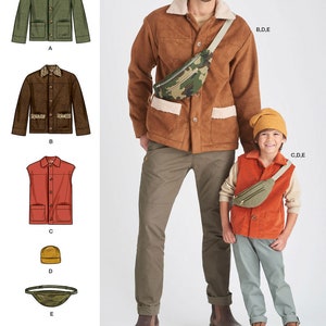 May include: Sewing pattern for a jacket, waistcoat, and hat. The pattern includes instructions for making a jacket with a fleece lining, a waistcoat, and a beanie hat. The pattern is designed and printed in the USA.