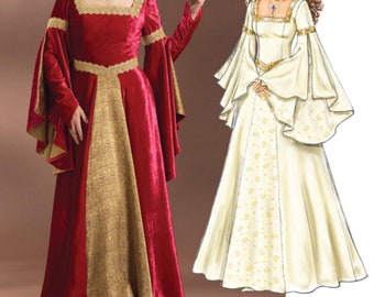 May include: A sewing pattern for a floor-length gown with long flared sleeves, a square neckline, and a central panel. The pattern includes illustrations of the dress in red and gold, and cream and gold. Text states: Listing is for sewing pattern only.