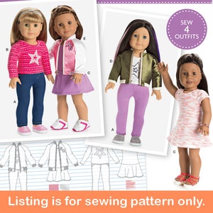 Puede incluir: Imagen que presenta cuatro muñecas con diferentes atuendos, con un diseño de patrón de costura debajo. Las muñecas visten vaqueros, faldas, chaquetas y tops. El texto "SEW 4 OUTFITS" está en un círculo morado. El texto "Listing is for sewing pattern only" está en la parte inferior.