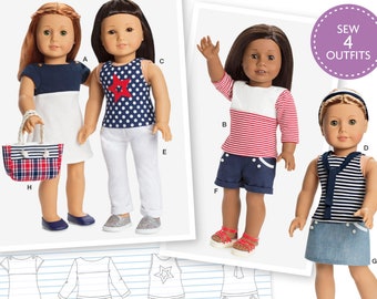 DOLL SEWING PATTERN | Sew 18 Inch Doll Clothes | Clothing Shirt Dress Tank Top Dress Shorts Skirt Tote Bag Pants | Fits American Girl |8397