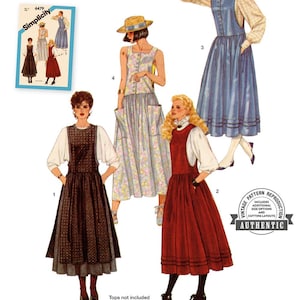 May include: Vintage sewing pattern from Simplicity for a dress with a bib front and pockets. The pattern includes four different views, with a black and white polka dot dress, a floral print dress, a red dress, and a blue dress. The pattern is for sizes 6-14.
