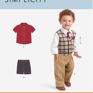 May include: Simplicity sewing pattern for a boy's outfit. The pattern includes a red short-sleeved shirt, brown shorts, a plaid vest, a white shirt, and tan pants. The pattern is labeled with letters A through G.